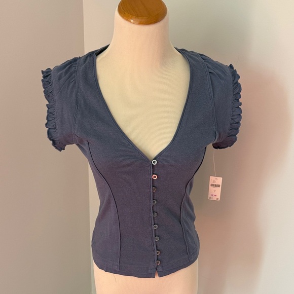 Maeve Tops - Maeve Navy Button-Front Ruffle Sleeve Top